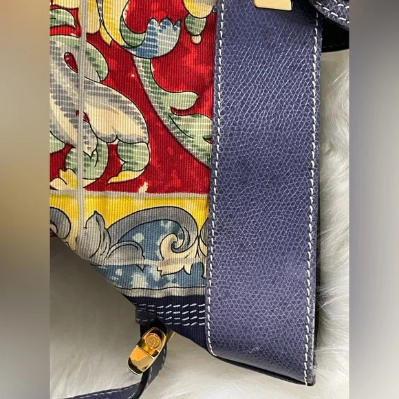 🧁🍯LOEWE Ceramica Sevillana Print Canvas Bag w/Blue Leather Trim - Picture 10 of 13